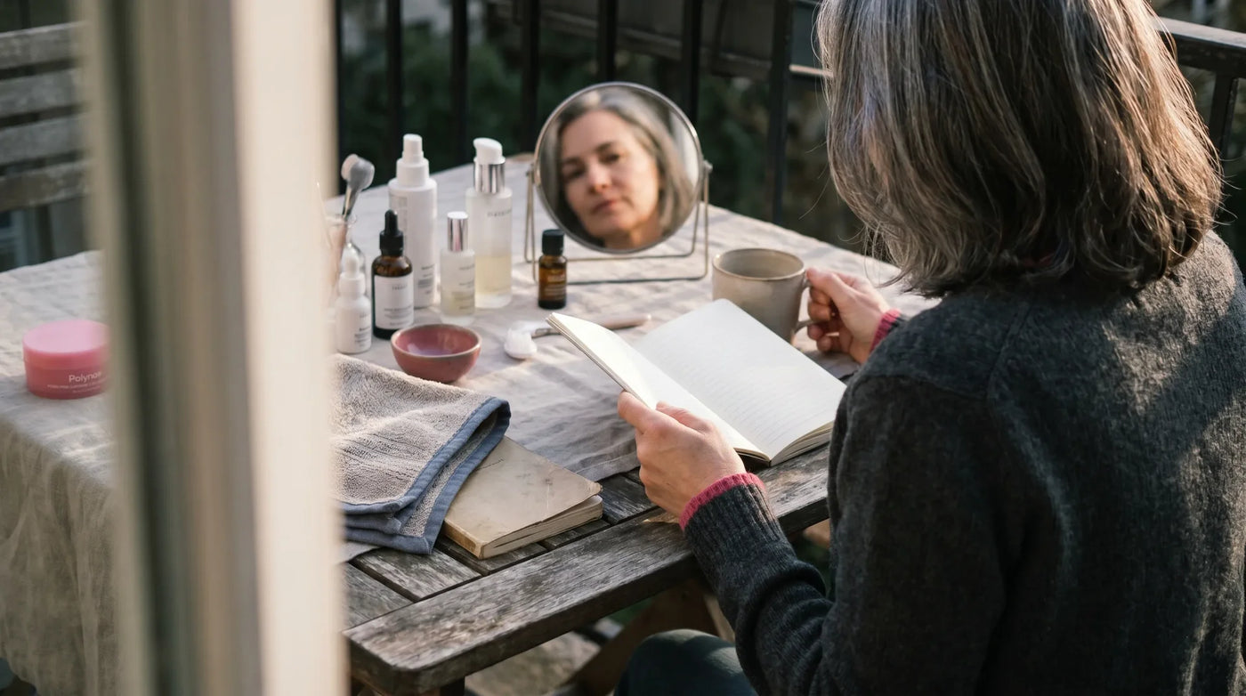 Editorial photo for an article about closed comedones skincare routine: what people on reddit  — a bathroom counter scene in natural light