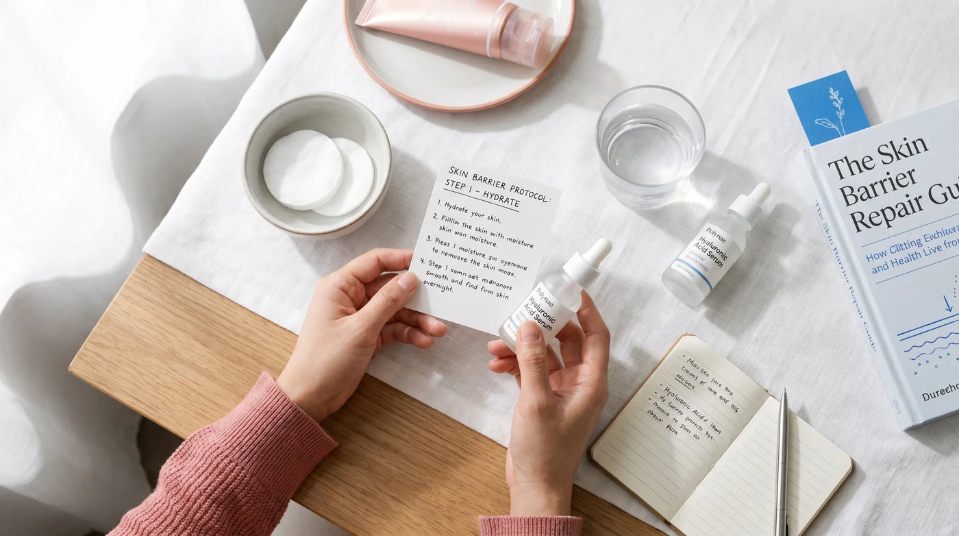 Editorial photo for an article about how to repair a damaged skin barrier on your face: a step — a bathroom counter scene in natural light