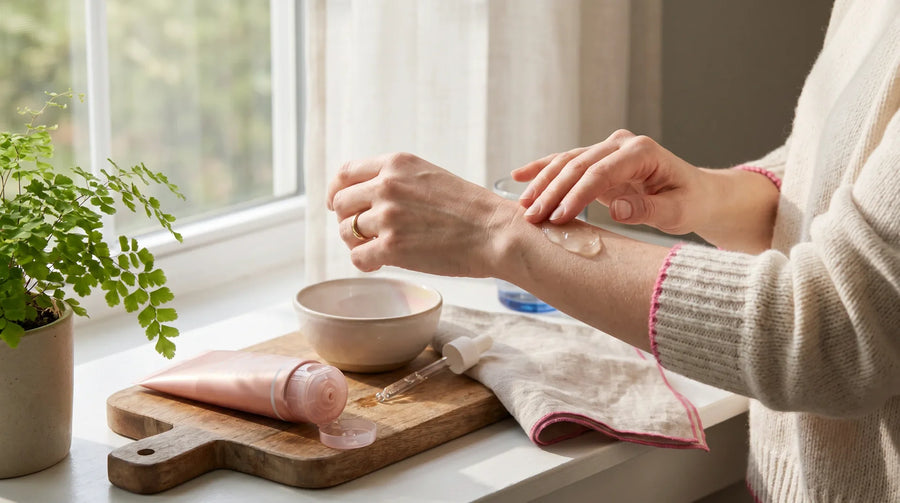 Editorial photo for an article about pdrn how to use: timing, layering, and what kills its abs — a bathroom counter scene in natural light