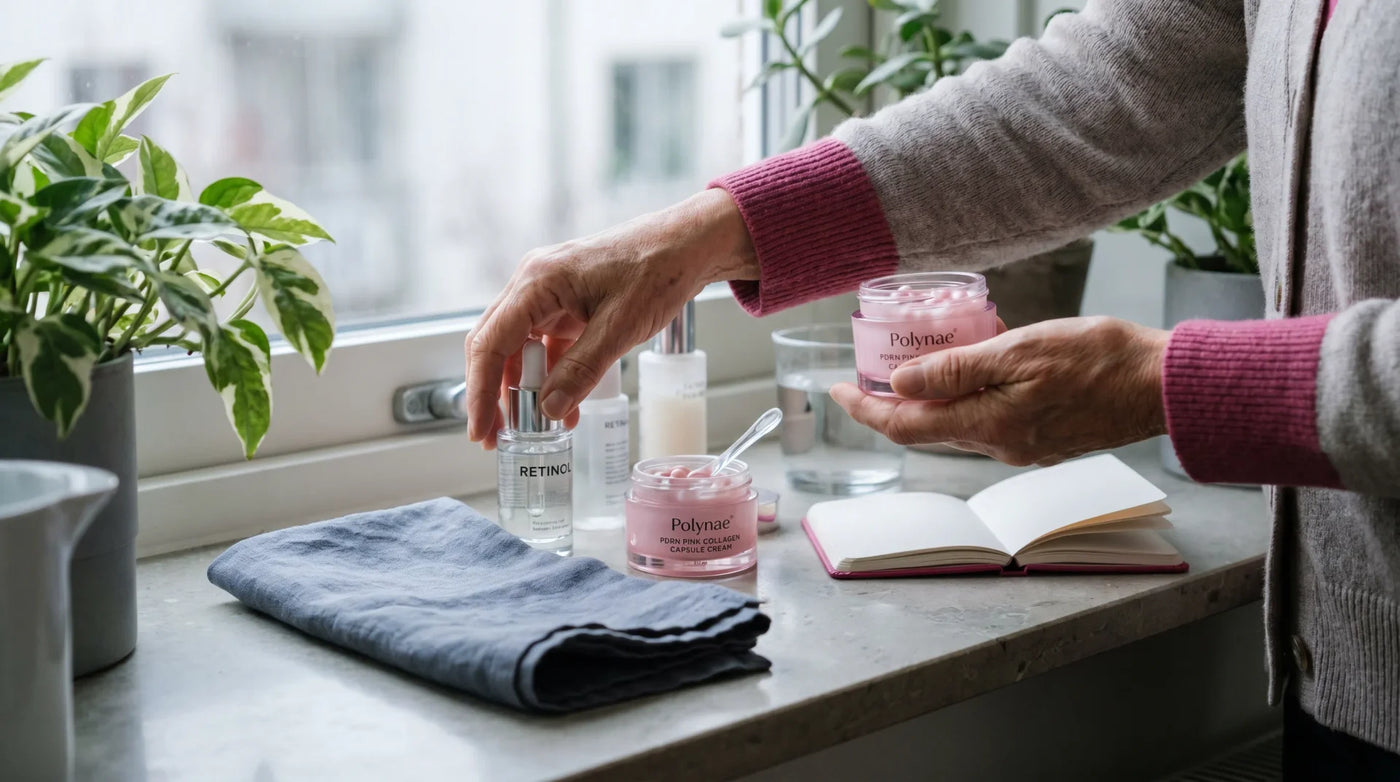 Editorial photo for an article about pdrn vs retinol: can you actually use both, and in what o — a bathroom counter scene in natural light