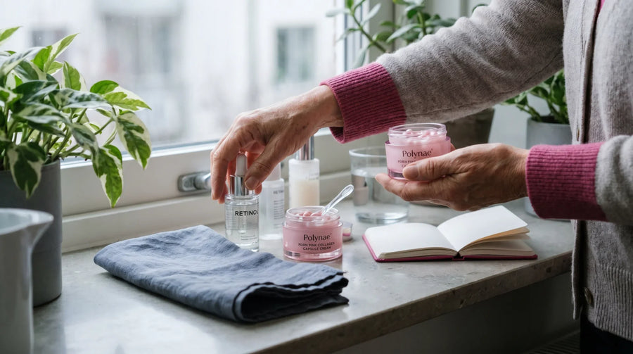 Editorial photo for an article about pdrn vs retinol: can you actually use both, and in what o — a bathroom counter scene in natural light