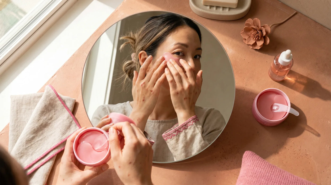 Editorial photo for an article about post-inflammatory erythema: why those red marks won't fade — a bathroom counter scene in natural light