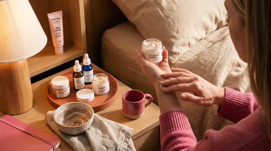 Editorial photo for an article about post-inflammatory hyperpigmentation cream: what actually  — a bathroom counter scene in natural light