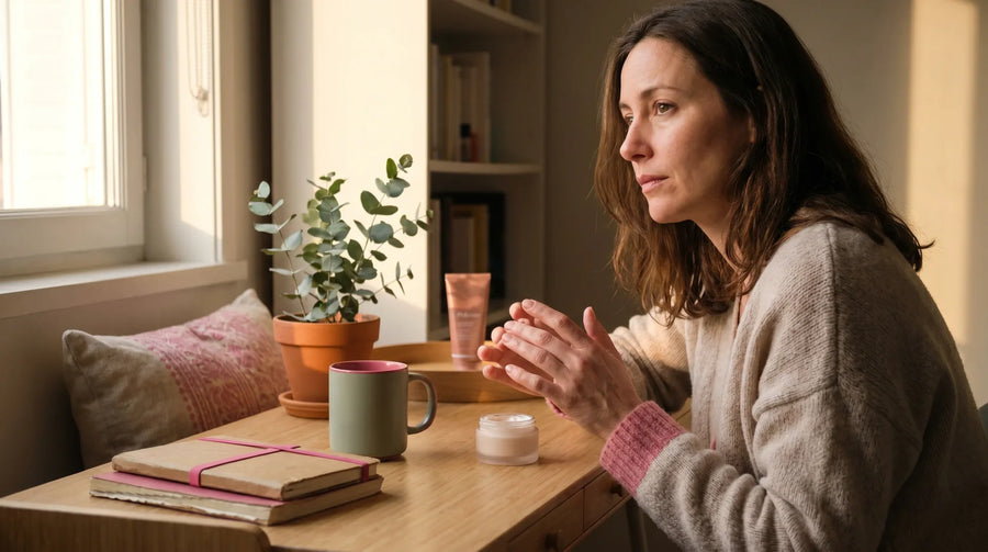 Editorial photo for an article about skin damage repair without the shelf of anxious experiments — a bathroom counter scene in natural light