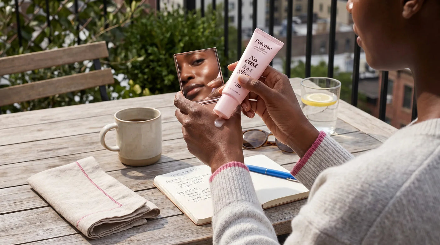 Editorial photo for an article about sunscreen for dark skin with no white cast: 9 formulas th — a bathroom counter scene in natural light