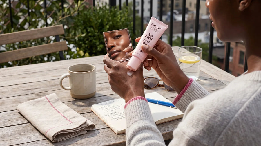 Editorial photo for an article about sunscreen for dark skin with no white cast: 9 formulas th — a bathroom counter scene in natural light