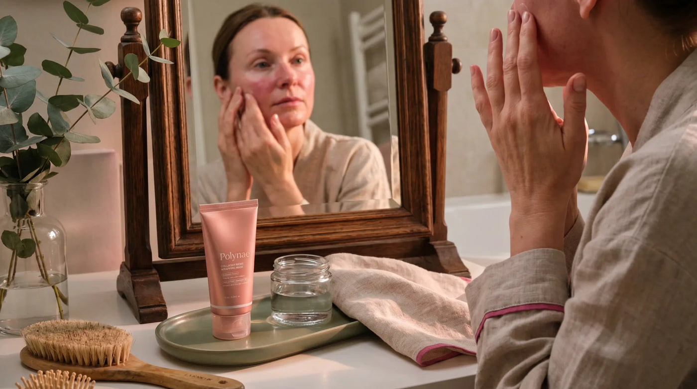 Editorial photo for an article about what my skin barrier recovery actually looked like, week  — a bathroom counter scene in natural light