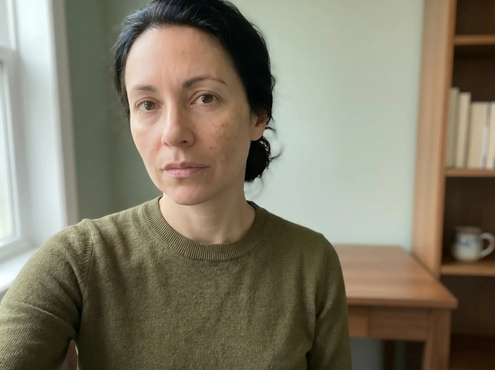 Same woman with dark hair wearing an olive sweater, showing visibly reduced hyperpigmentation and more even skin tone on her cheek