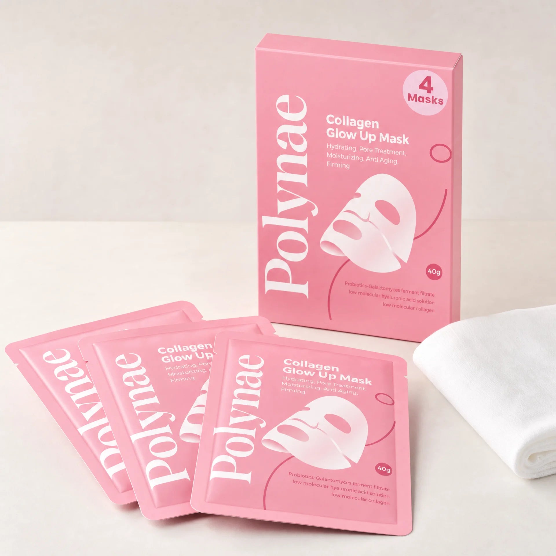 Polynae Collagen Glow Up Mask box containing 4 masks displayed upright beside four individual pink foil pouches on a white surface