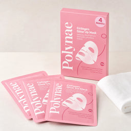 Polynae Collagen Glow Up Mask box containing 4 masks displayed upright beside four individual pink foil pouches on a white surface