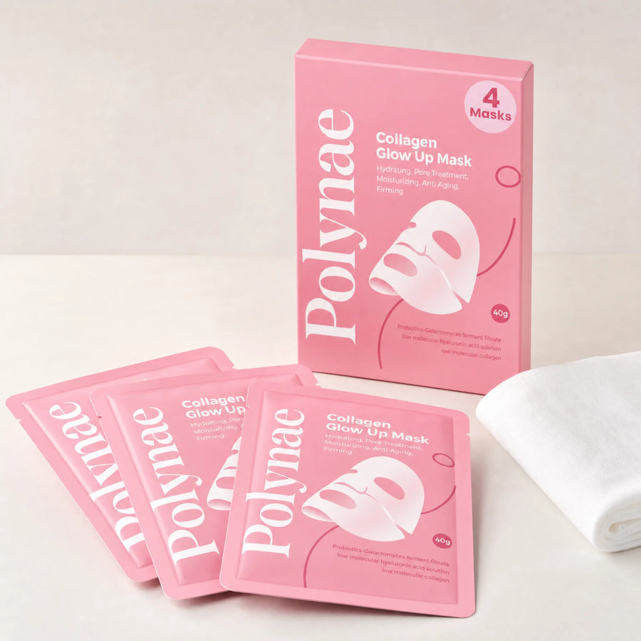 Polynae Collagen Glow Up Mask box containing 4 masks displayed upright beside four individual pink foil pouches on a white surface