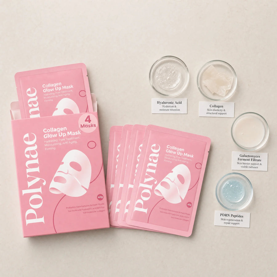 Flat-lay of two Polynae Collagen Glow Up Mask boxes and four pouches arranged beside labeled glass dishes of hyaluronic acid, collagen, Galactomyces ferment fil