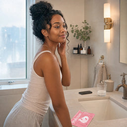 Woman with curly hair in an updo smiling while touching her cheek in a bright bathroom, with a Polynae Collagen Glow Up Mask pouch on the counter