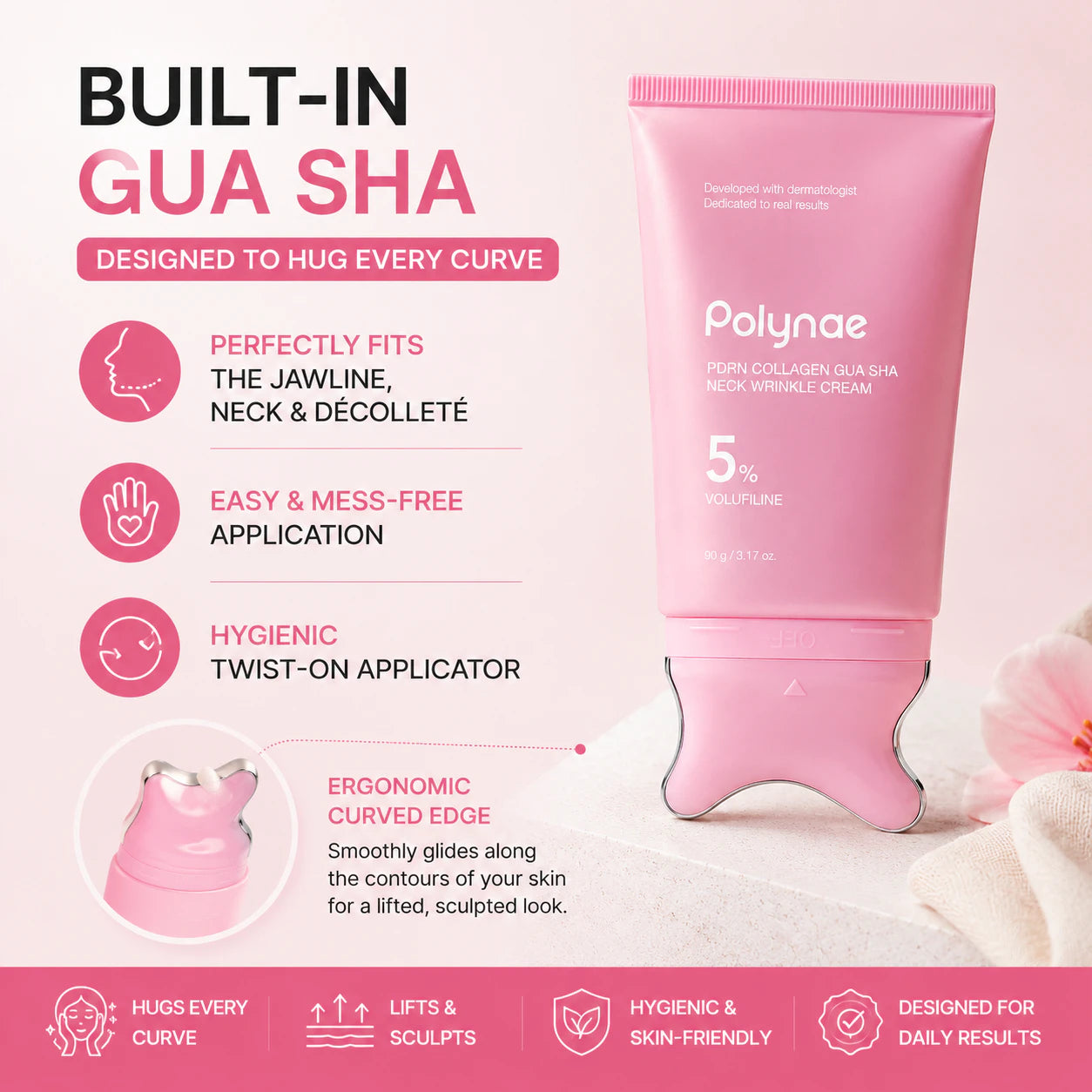 Polynae neck cream with built-in gua sha applicator for lifting, sculpting, and smoothing the neck and jawline.