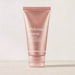 Polynae Collagen Night Wrapping Mask tube standing upright on a light stone surface against a neutral background