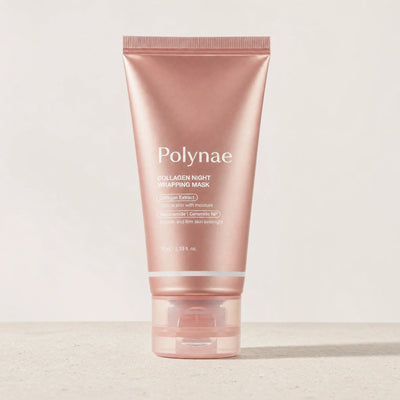 Polynae Collagen Night Wrapping Mask tube standing upright on a light stone surface against a neutral background