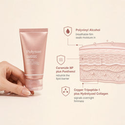 Hand holding Polynae Collagen Night Wrapping Mask beside a cross-section skin diagram labeling three ingredient layers