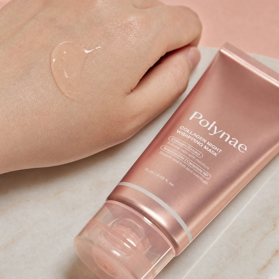 Close-up of a clear gel swatch from Polynae Collagen Night Wrapping Mask spread across the back of a hand