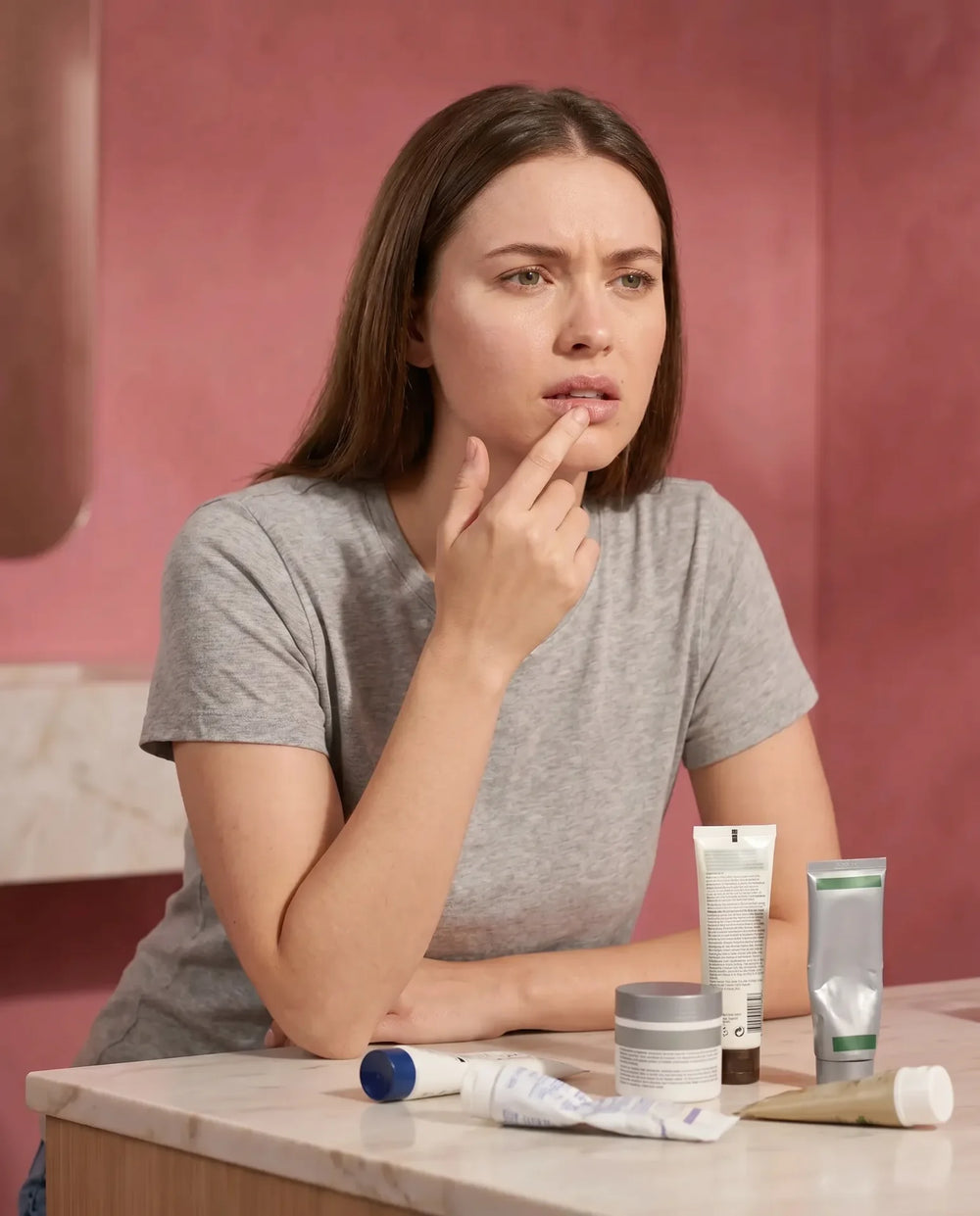 Woman in grey t-shirt frowning while touching her lip, surrounded by multiple unlabeled skincare tubes and containers on a bathroom counter