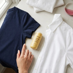 Hand resting on a folded navy t-shirt beside Polynae Fresh That Lasts deodorant in vanilla and pistachio, next to a white button-down shirt on a marble surface