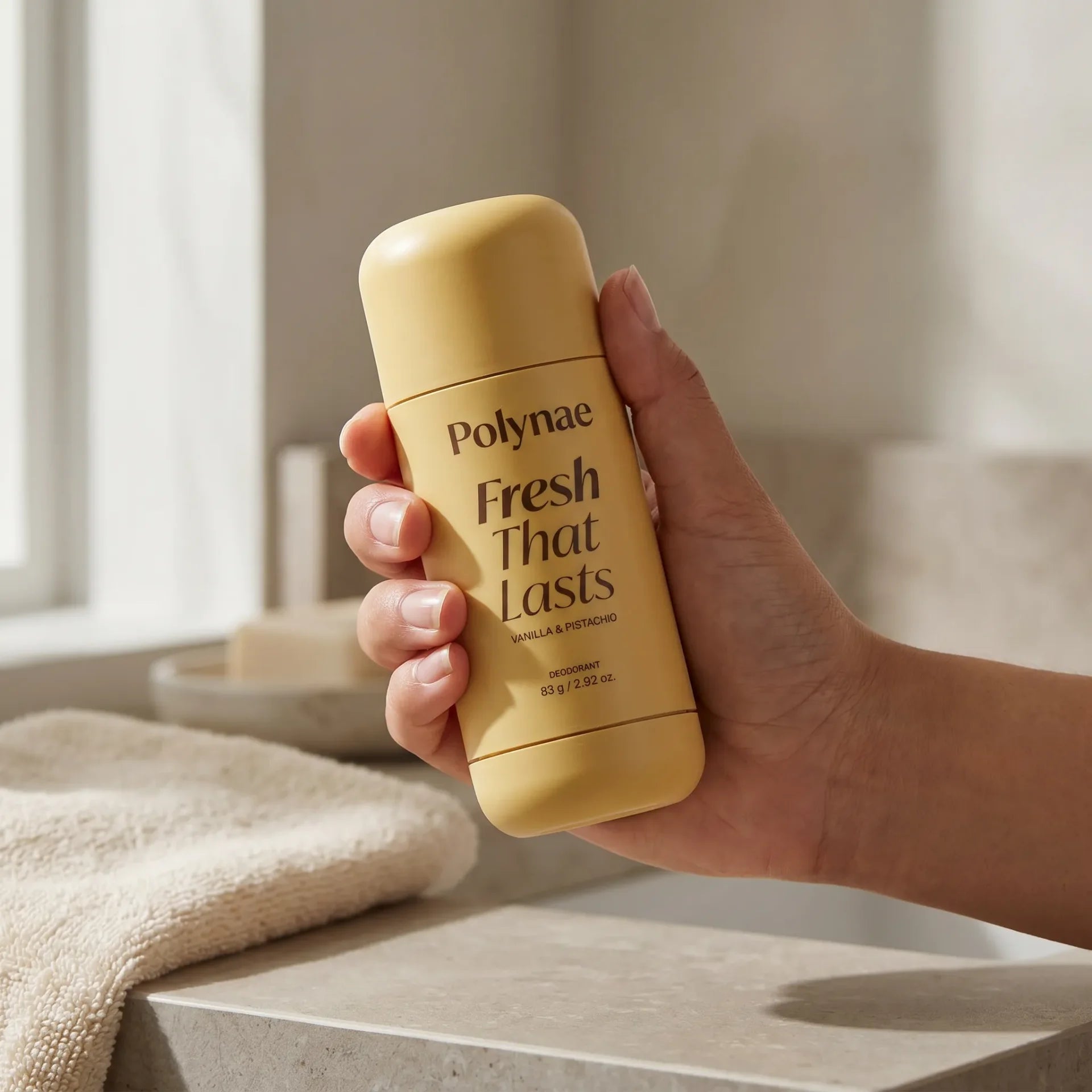 Hand holding a yellow Polynae Vanilla & Pistachio deodorant stick in a minimal bathroom setting with a folded towel nearby.
