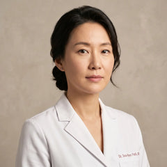 Dr. Soo-Yeon Park MD headshot, East Asian woman, white lab coat, neutral beige background