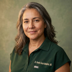 Dr. Renata Souza Medeiros MD headshot, woman with gray-streaked hair, dark green branded polo, smiling