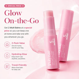 Polynae 2-pack multi balm promotion with two pink collagen balm sticks for hydrating glow and travel-friendly use.