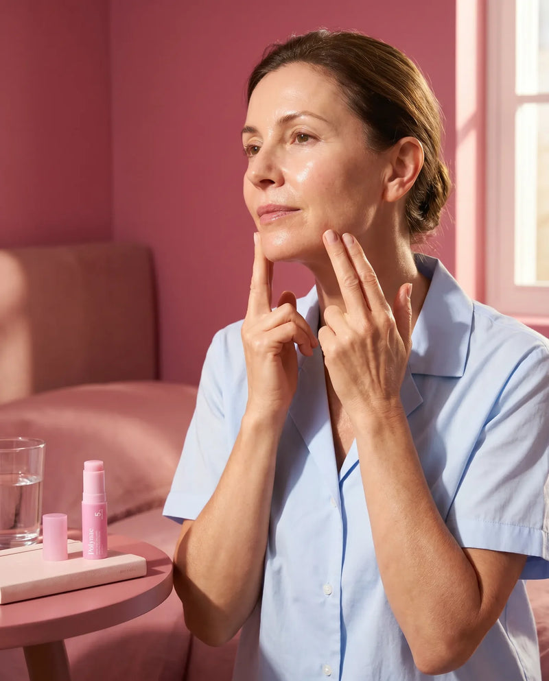 Woman in light blue shirt touching fingertips to cheek, Polynae product visible on pink side table beside a glass of water