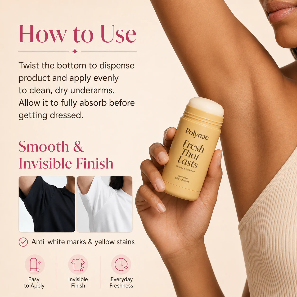 Polynae deodorant how-to-use infographic with invisible finish and anti-white mark benefits.
