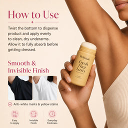 Polynae deodorant how-to-use infographic with invisible finish and anti-white mark benefits.