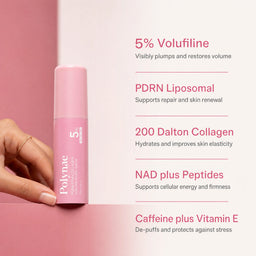 Polynae Volume Multi Balm held in hand beside a pink backdrop listing five key ingredients and their skin benefits