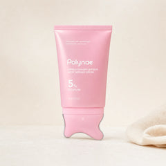 Polynae PDRN Collagen Gua Sha Neck Wrinkle Cream pink tube standing upright on a gua sha applicator base against a neutral beige background