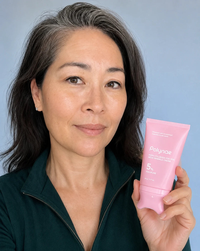 Woman with dark hair holding a pink tube of Polynae PDRN Collagen Gua Sha Neck Wrinkle Cream with 5% Volufiline against a light blue background