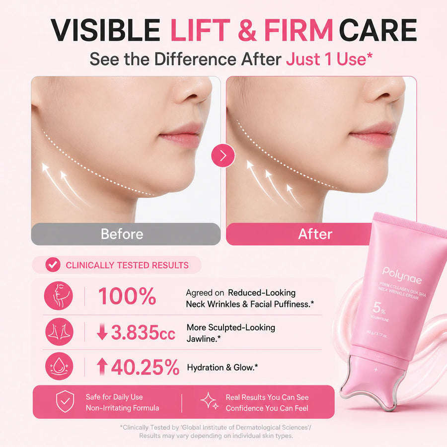 Before and after results showing a firmer-looking neck, sharper jawline, and smoother skin with Polynae neck cream.
