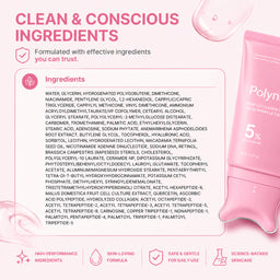 Polynae PDRN Collagen Gua Sha Neck Cream ingredient list infographic with a pink skincare design, highlighting clean, conscious, skin-loving ingredients and a safe daily-use formula.