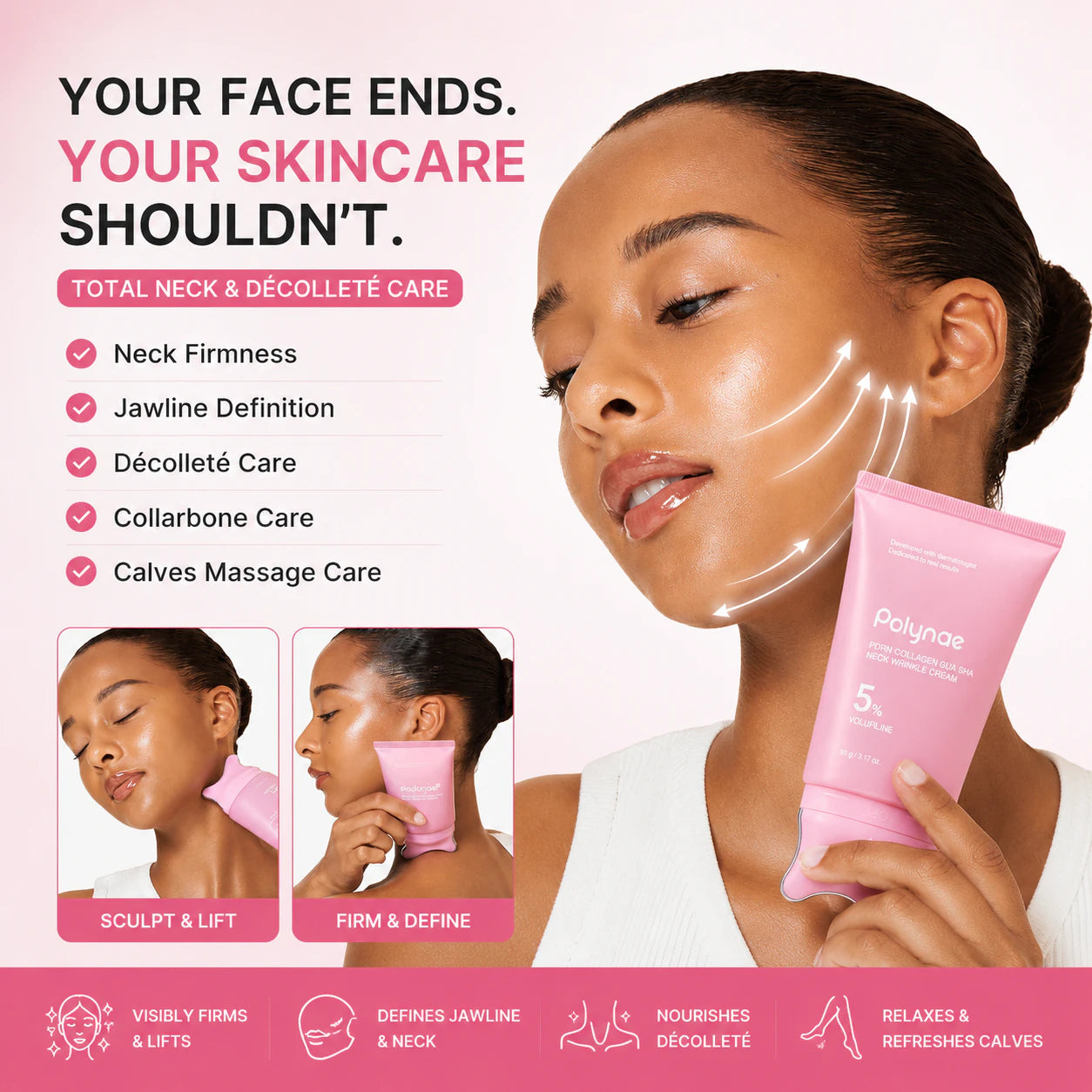 Polynae neck cream used on the jawline and neck for visible lifting, firming, and contouring benefits.