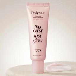 Polynae Collagen Glow Sunscreen tube in pale pink standing upright on a white surface with a cream swatch beside it