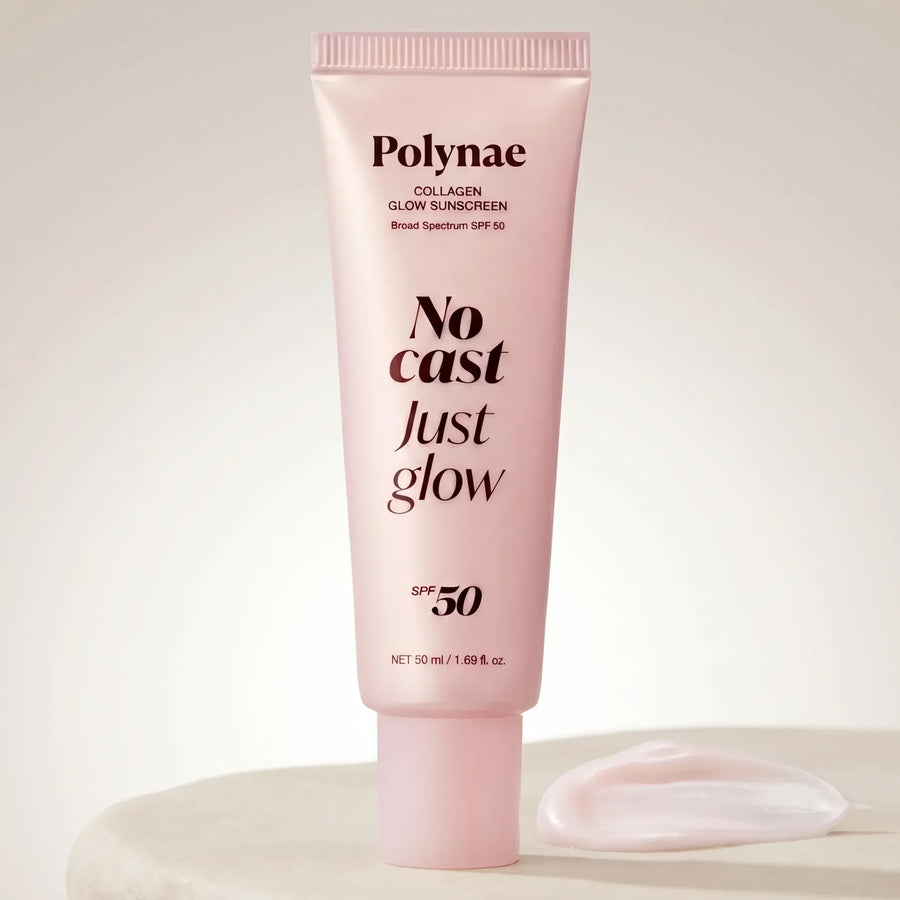 Polynae Collagen Glow Sunscreen tube in pale pink standing upright on a white surface with a cream swatch beside it