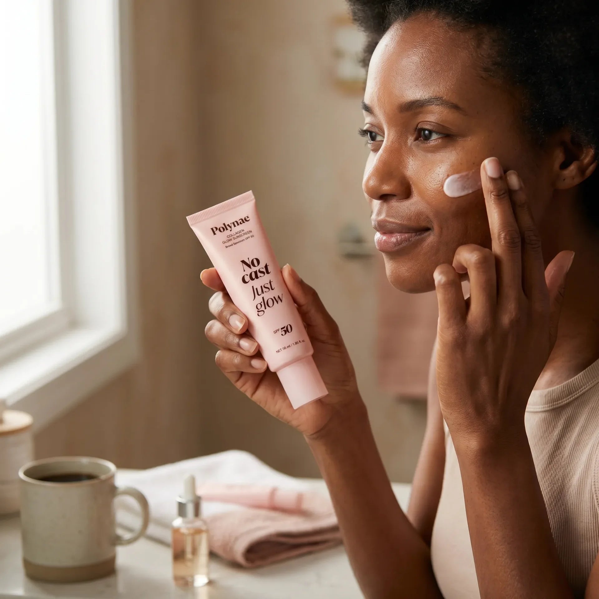 Woman with natural hair applying Polynae Collagen Glow Sunscreen to her cheek during a morning skincare routine at a vanity