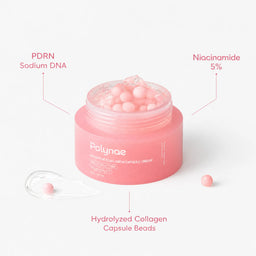 Flat-lay of open Polynae PDRN Pink Collagen Capsule Cream jar on white background with ingredient callout labels pointing to PDRN Sodium DNA, Niacinamide 5%, an