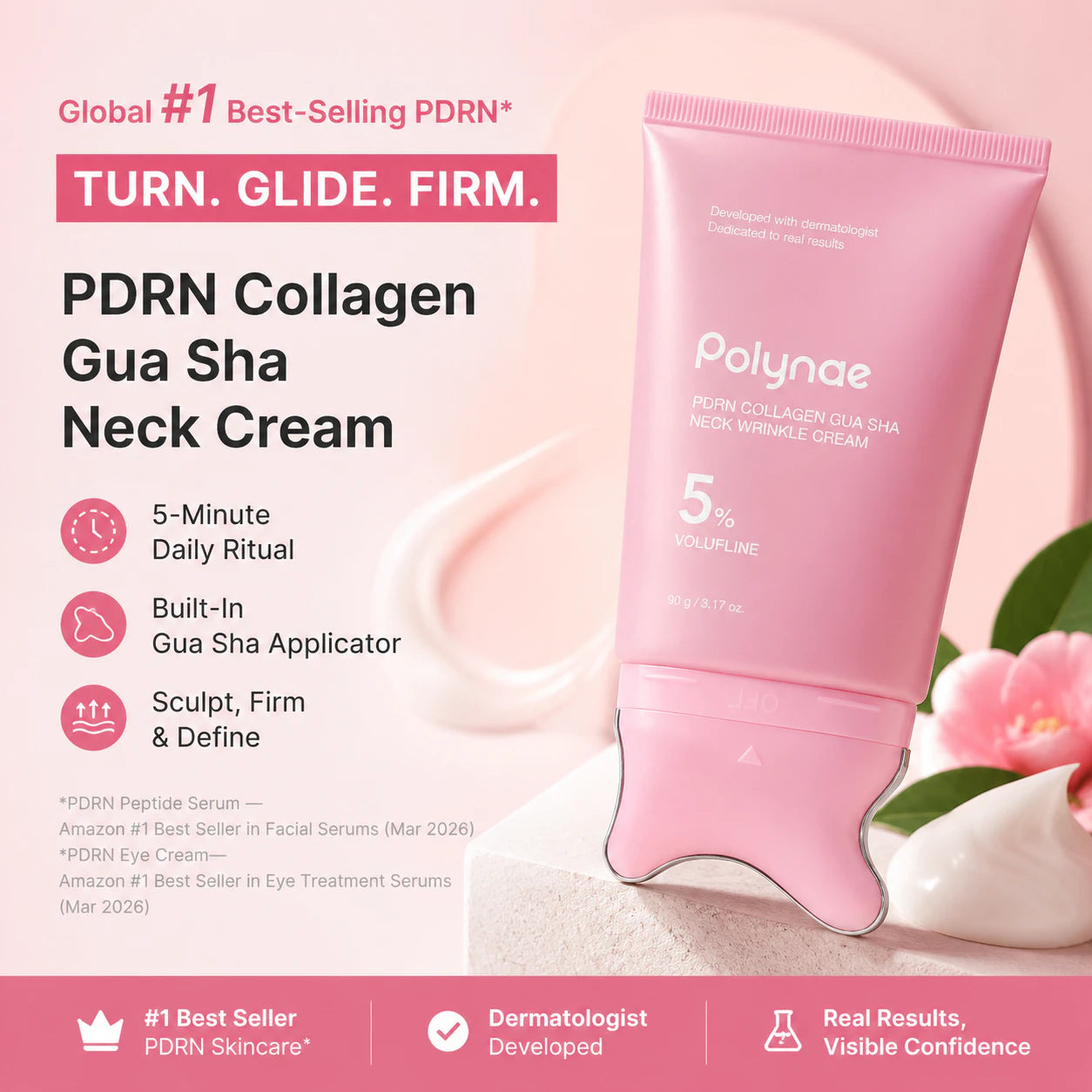 Polynae PDRN Collagen Gua Sha Neck Cream with built-in gua sha applicator for firmer, smoother-looking neck skin.