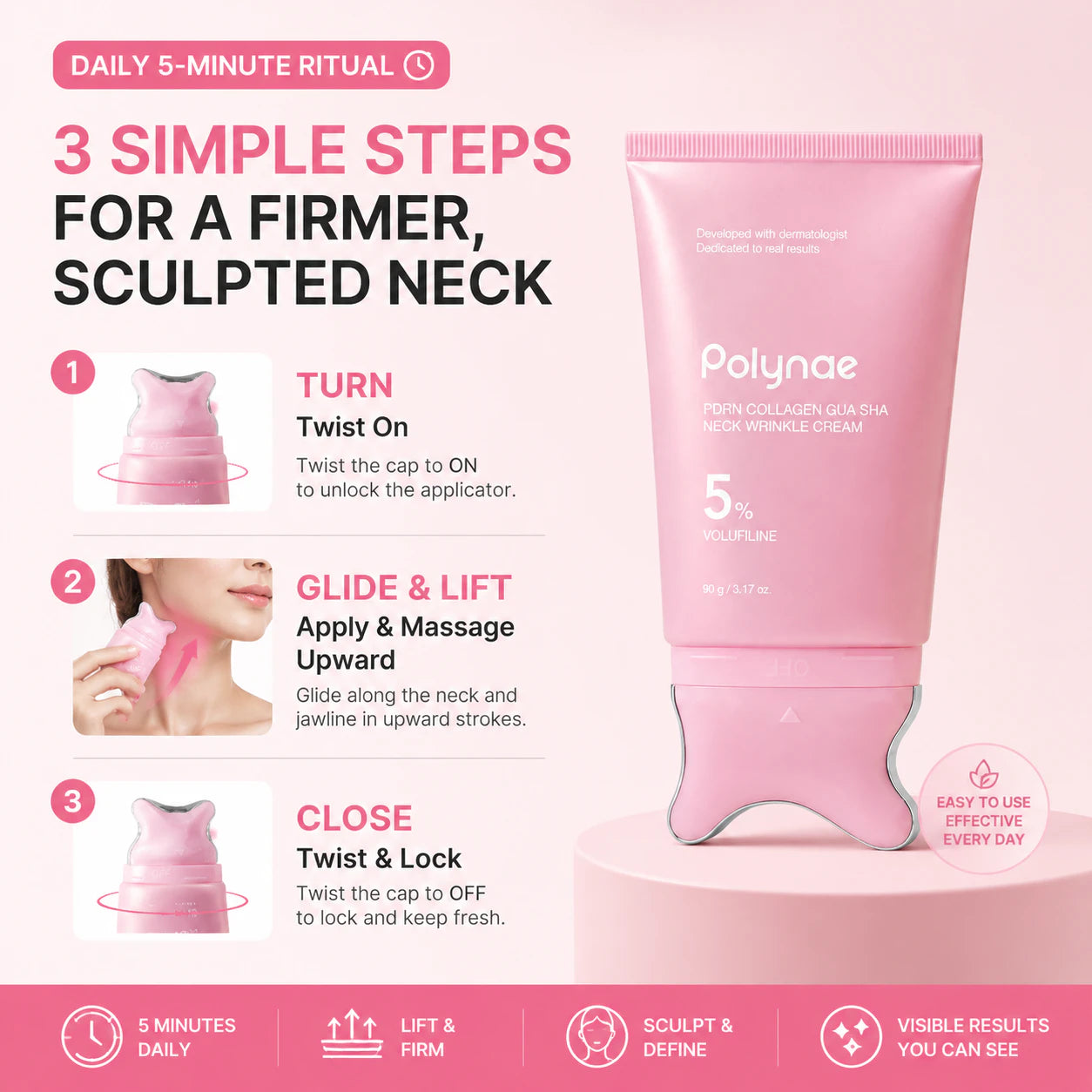 How to use Polynae PDRN Collagen Gua Sha Neck Cream in 3 simple steps for a firmer, more sculpted-looking neck.