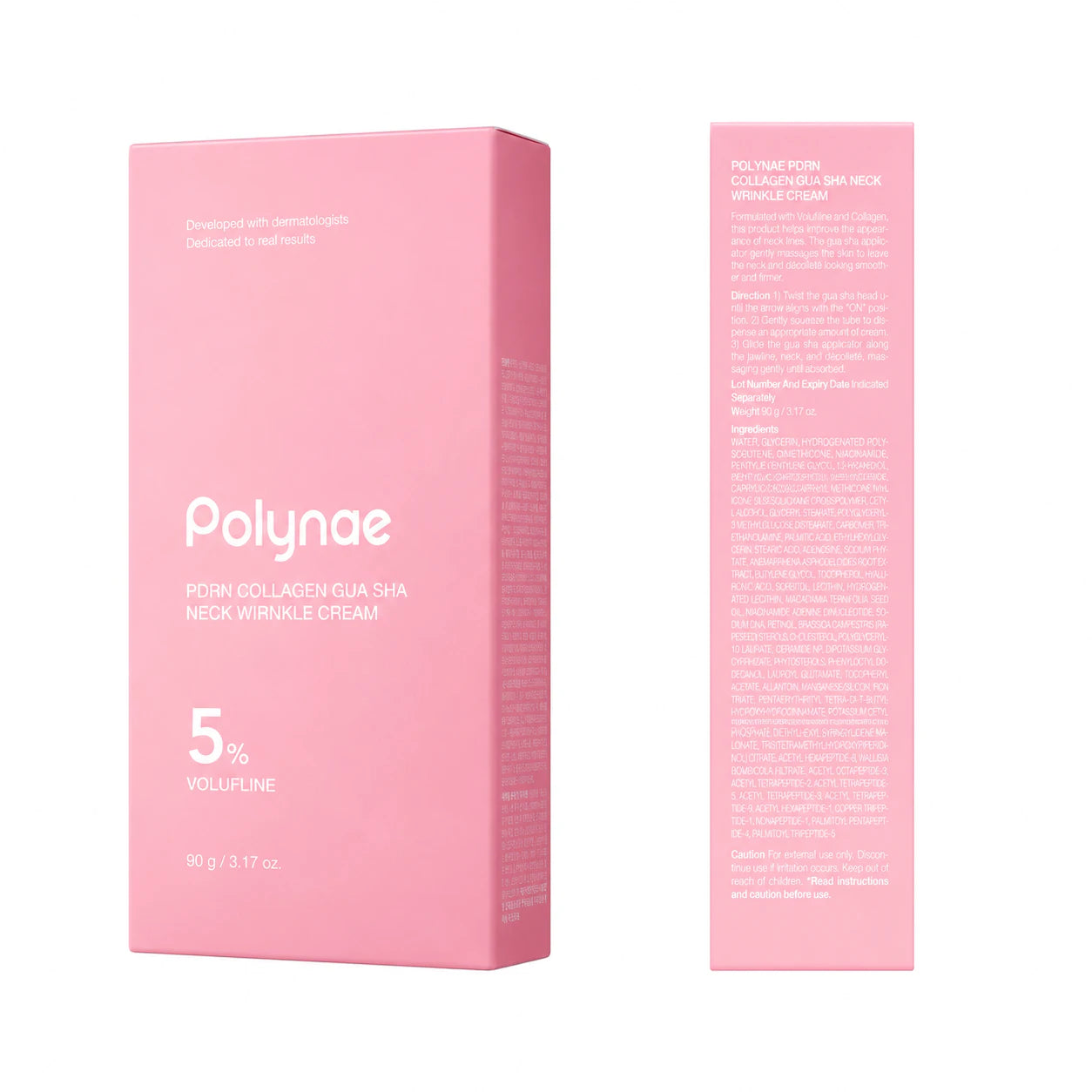 Polynae neck cream packaging displaying the front box design and side panel product information.