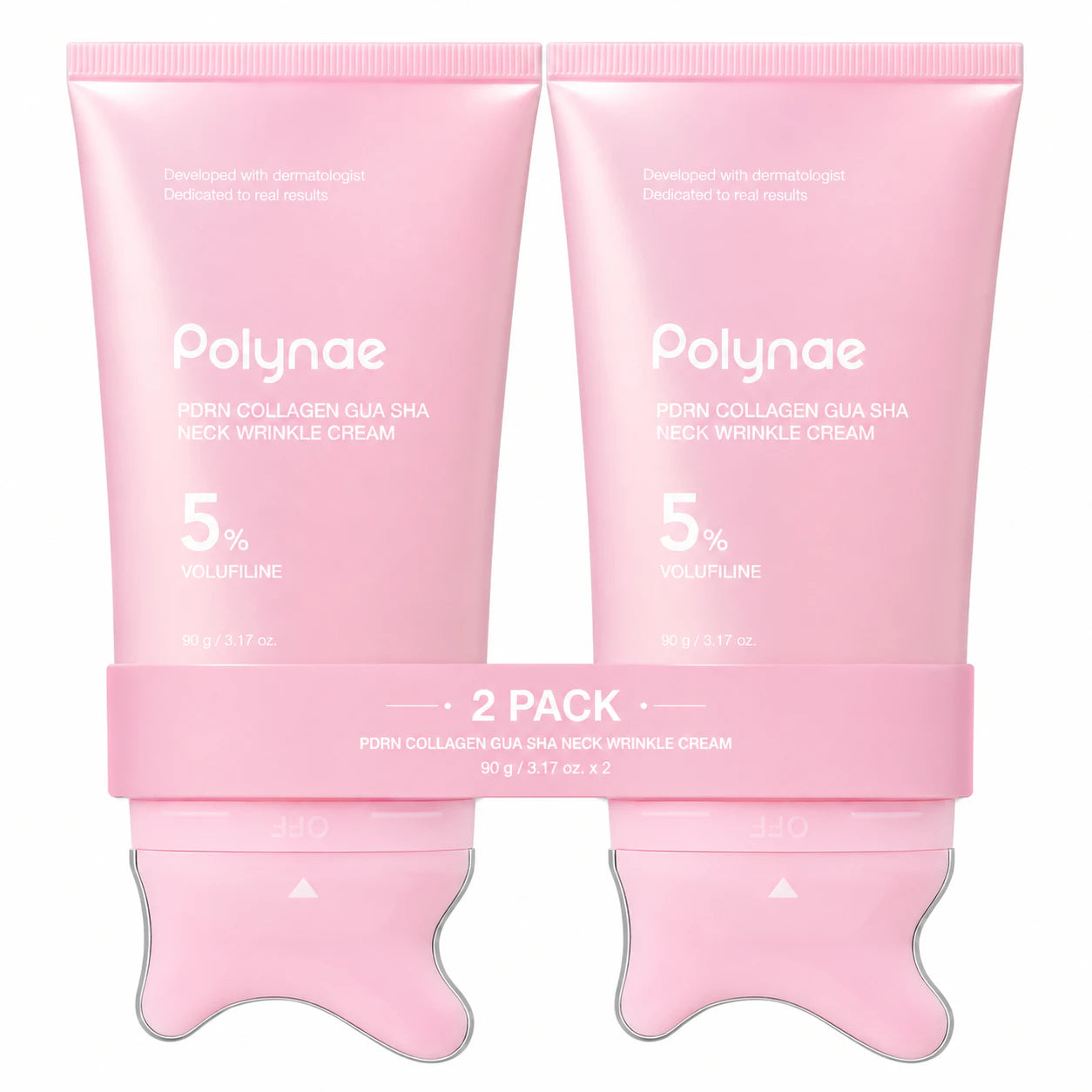 Polynae PDRN Collagen Gua Sha Neck Wrinkle Cream, two pink 90 g tubes with built-in massage applicators