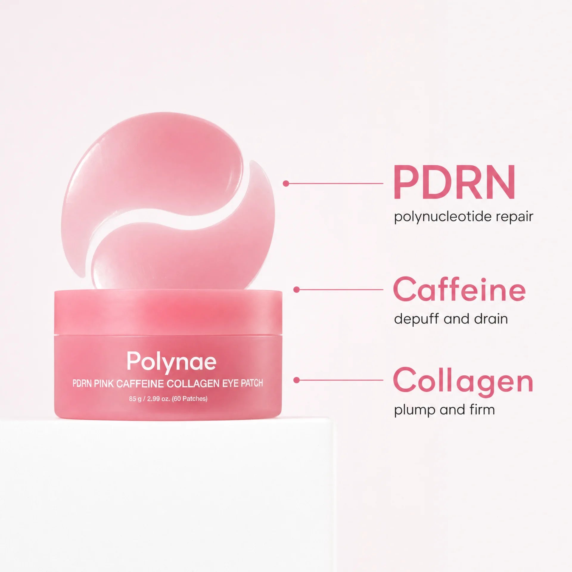 Polynae eye patch jar and two gel patches on a white surface with labeled callouts for PDRN, caffeine, and collagen