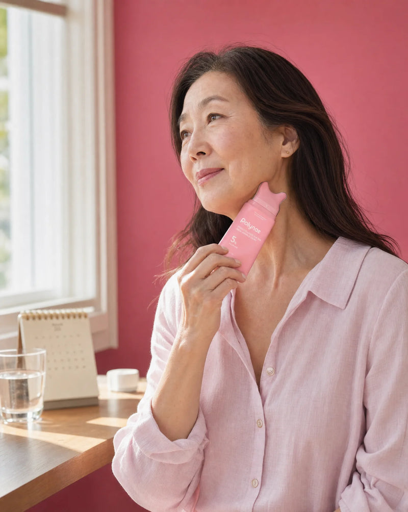 Older woman holding the Polynae pink cream tube gently against her cheek and jawline, seated near a window