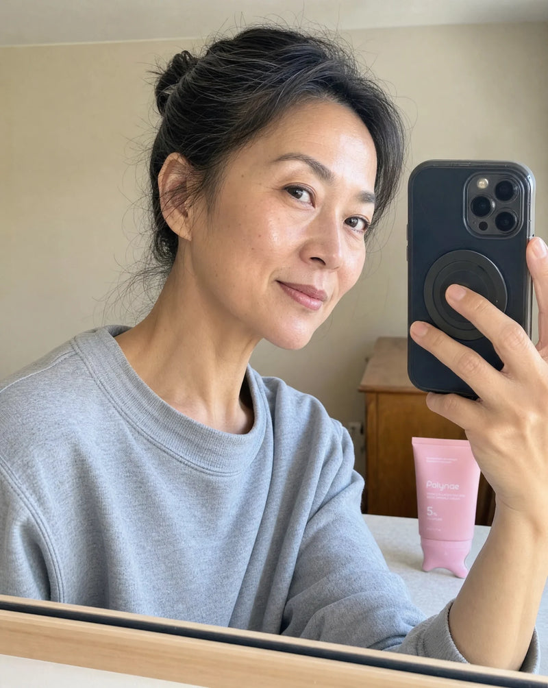 Woman in grey sweatshirt photographing her reflection in a mirror, Polynae cream tube on the shelf behind her