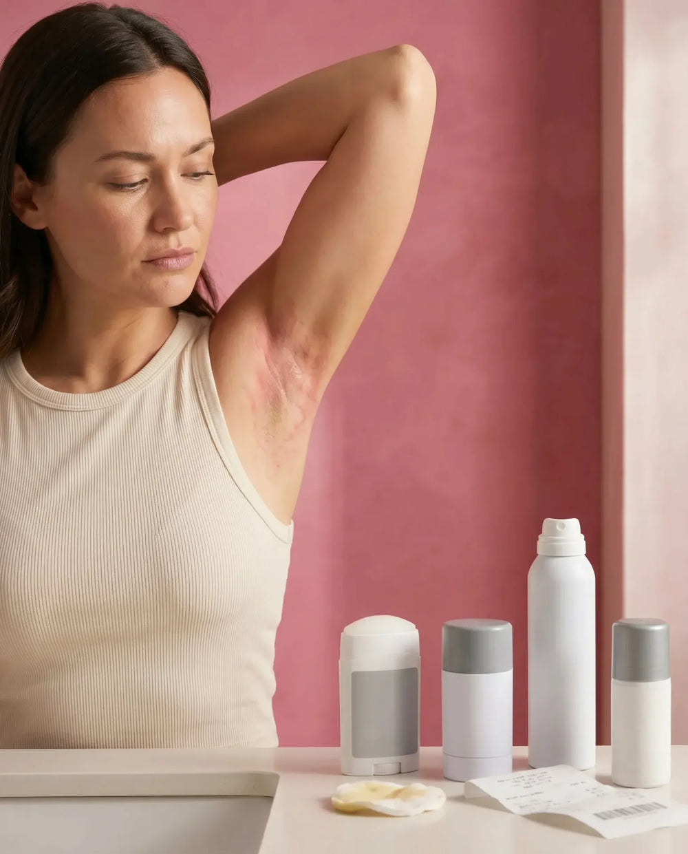Woman in cream tank top examines irritated, reddened underarm skin surrounded by several generic unlabeled deodorant products on a counter