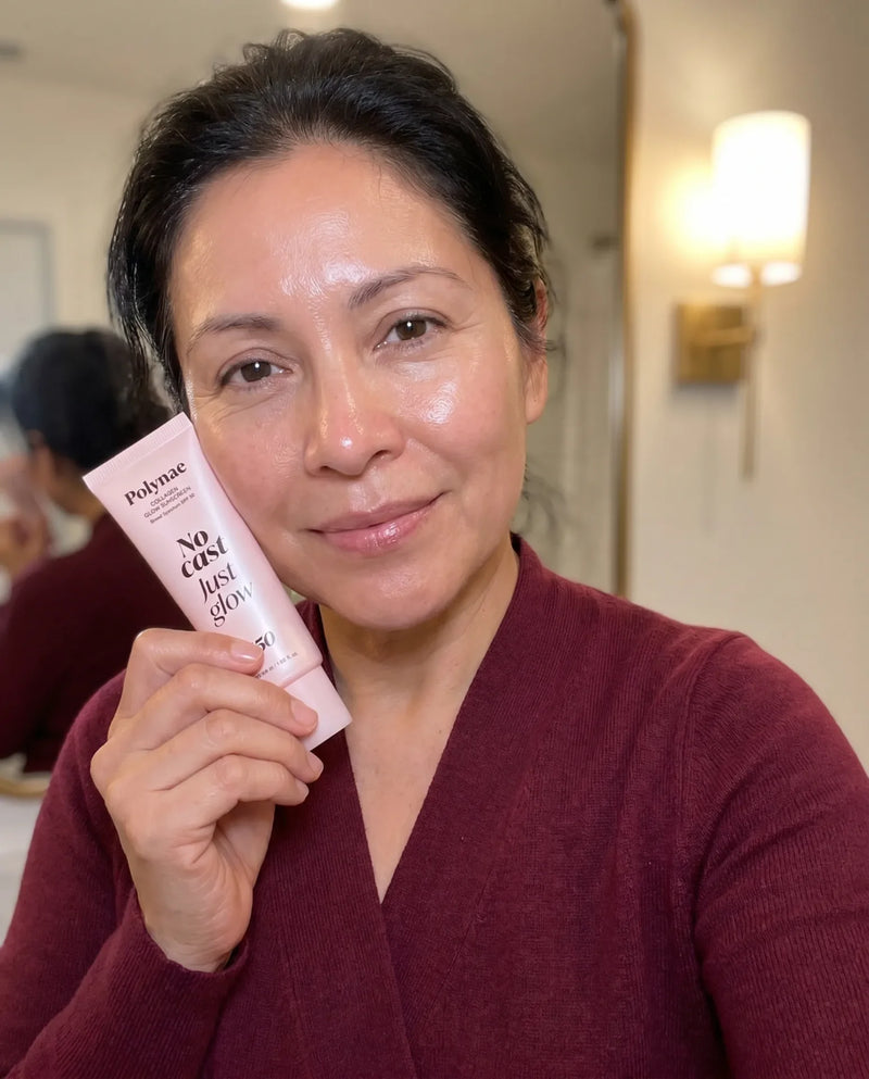 Woman in a burgundy sweater holding a Polynae SPF 50 tube close to her face in a bathroom mirror, skin appears luminous